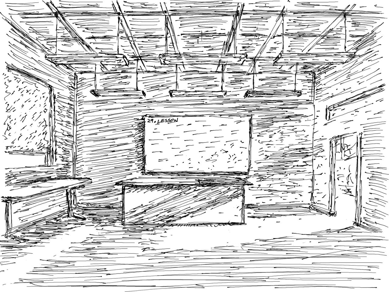 A dark room with rows of ceiling lights, a large board in the middle of the wall and a bench in front of it. The open door and windows cast strong shadows.